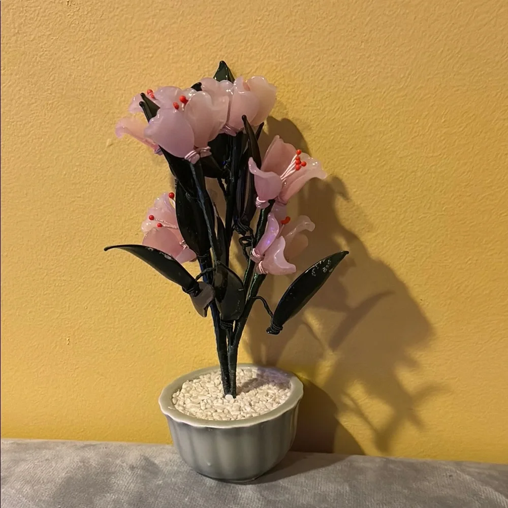 Elegant Pink Glass Flower Arrangement in Ceramic Pot